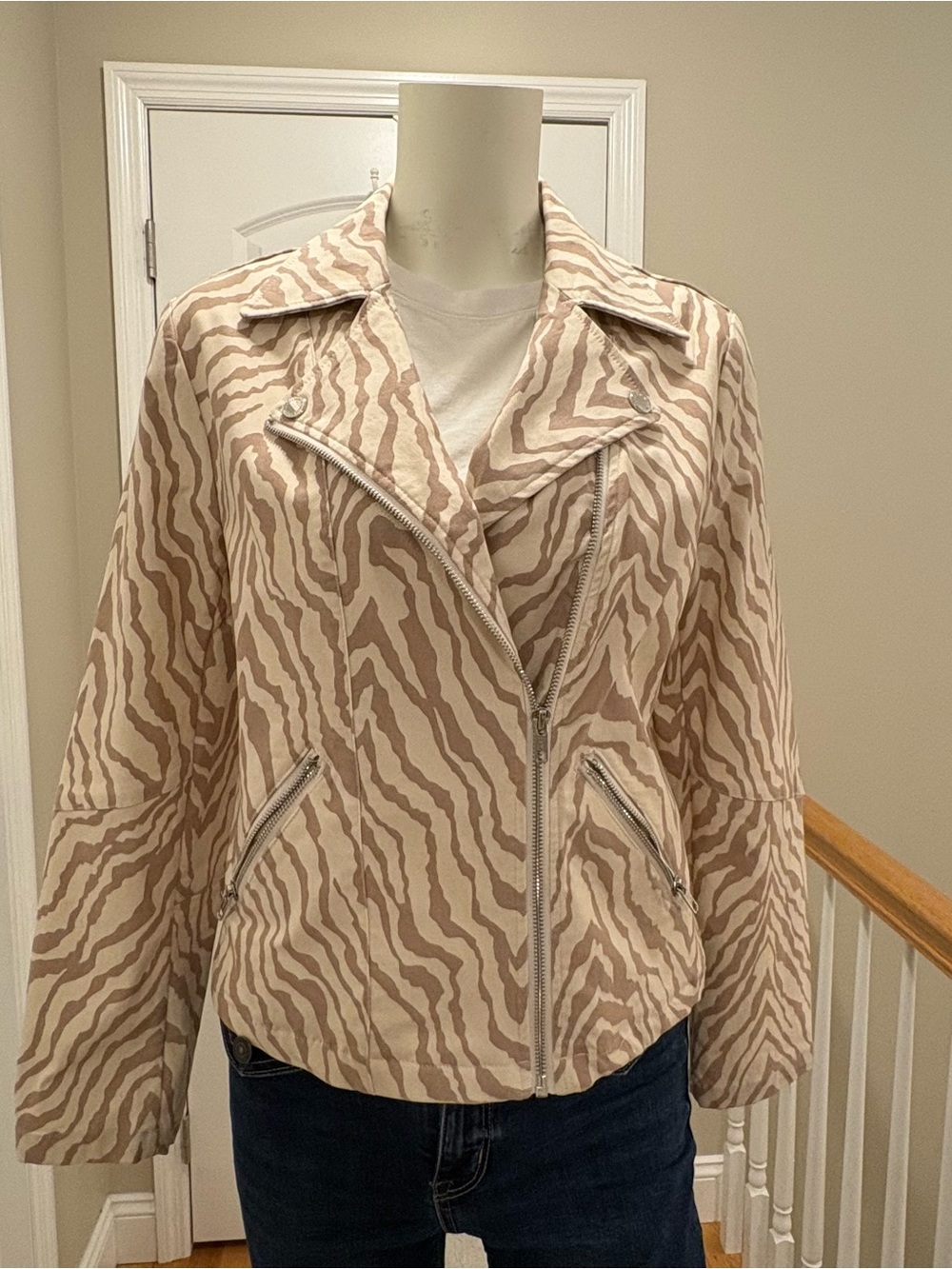 Adyson Parker Beige and Cream Zebra-Print Leather Moto Jacket